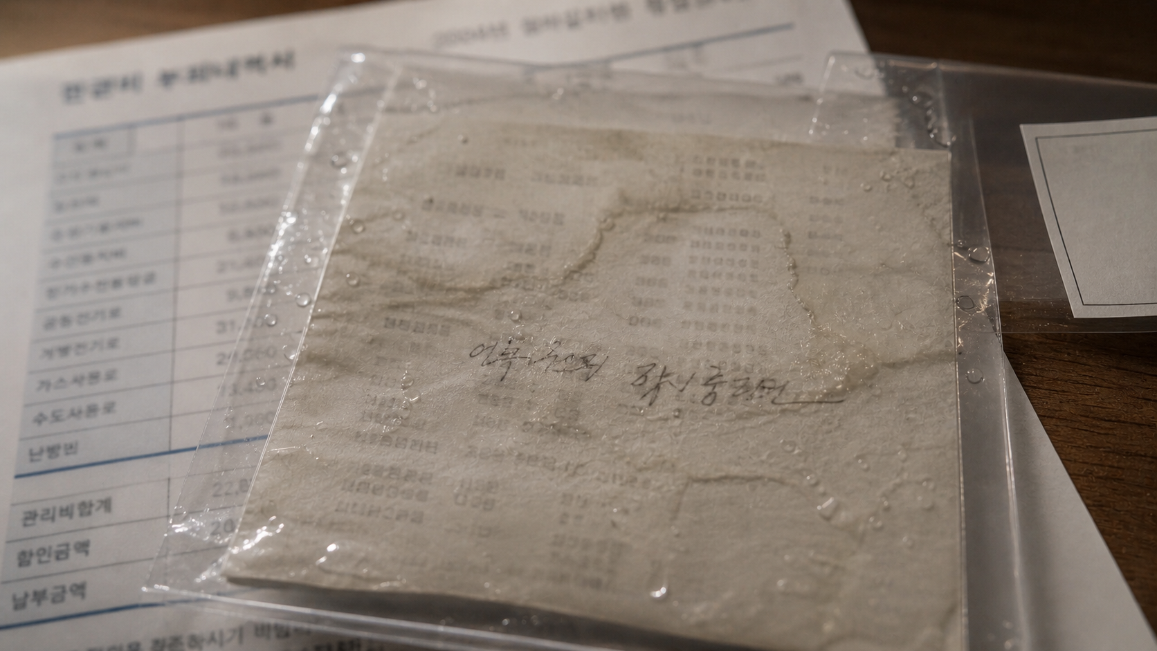 비닐 봉투 안에 봉인된 젖은 택시 영수증 뒷면